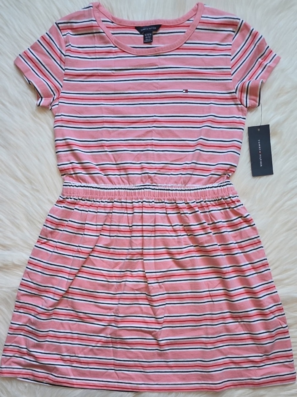 Tommy Hilfiger Pink and Navy Striped Short Sleeve Knit Dress